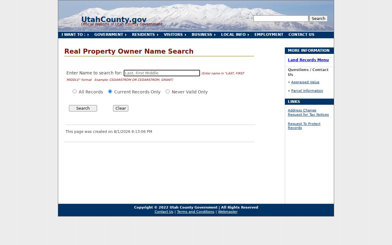 Springville people search using the Utah County owner-name form