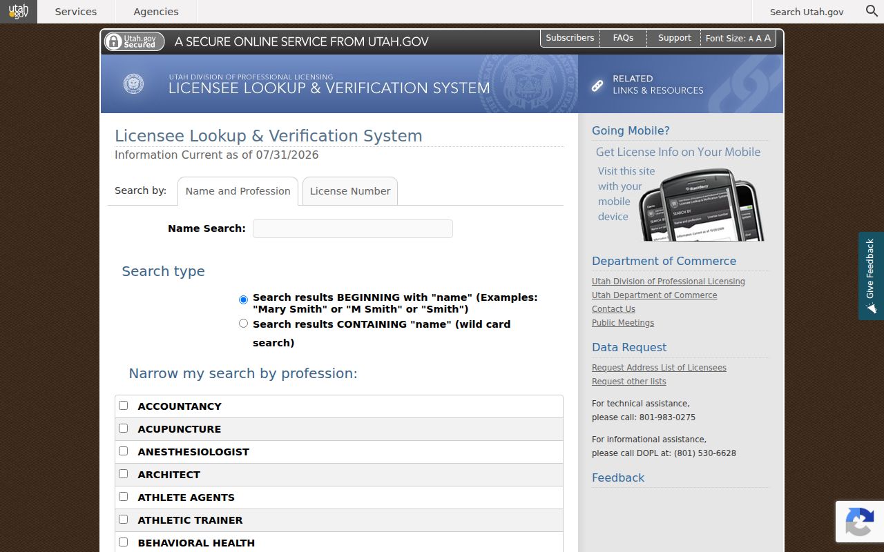 Springville people search through the Utah professional license lookup