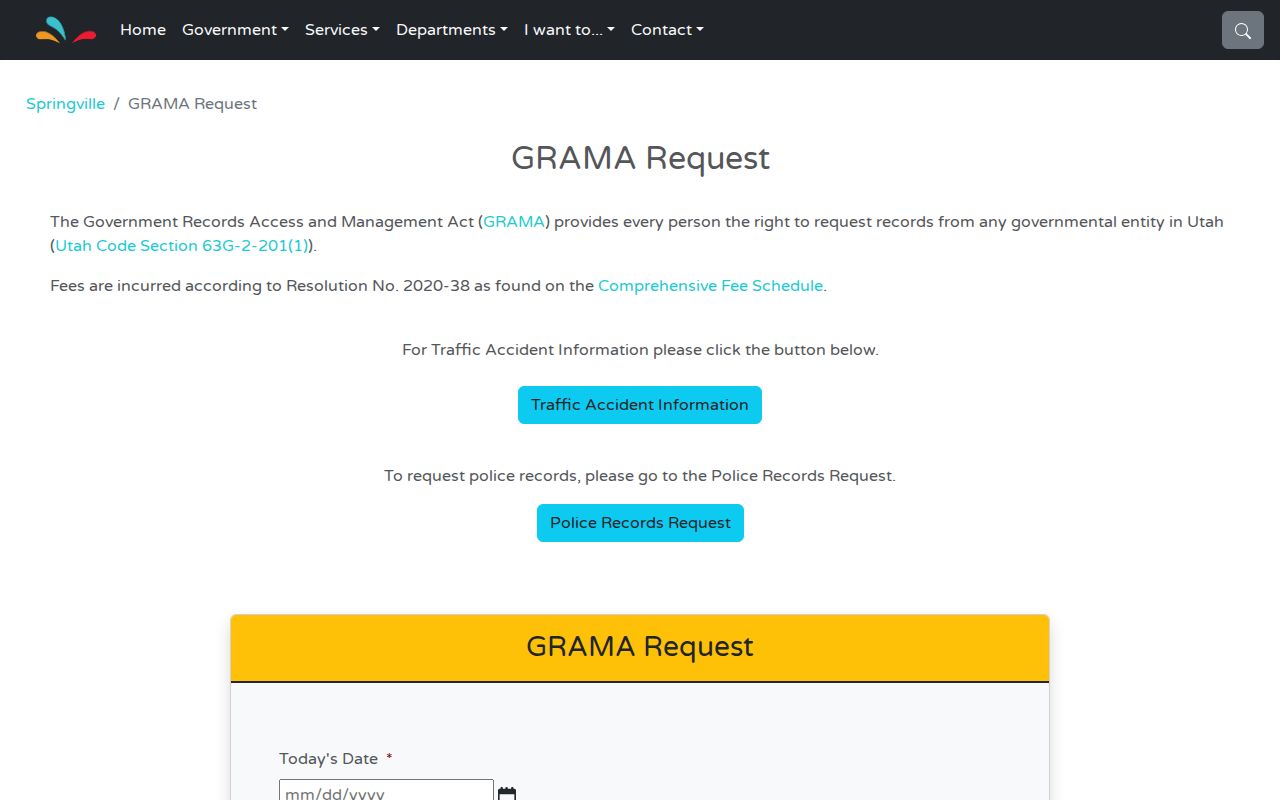 Springville public records request page for city GRAMA filings