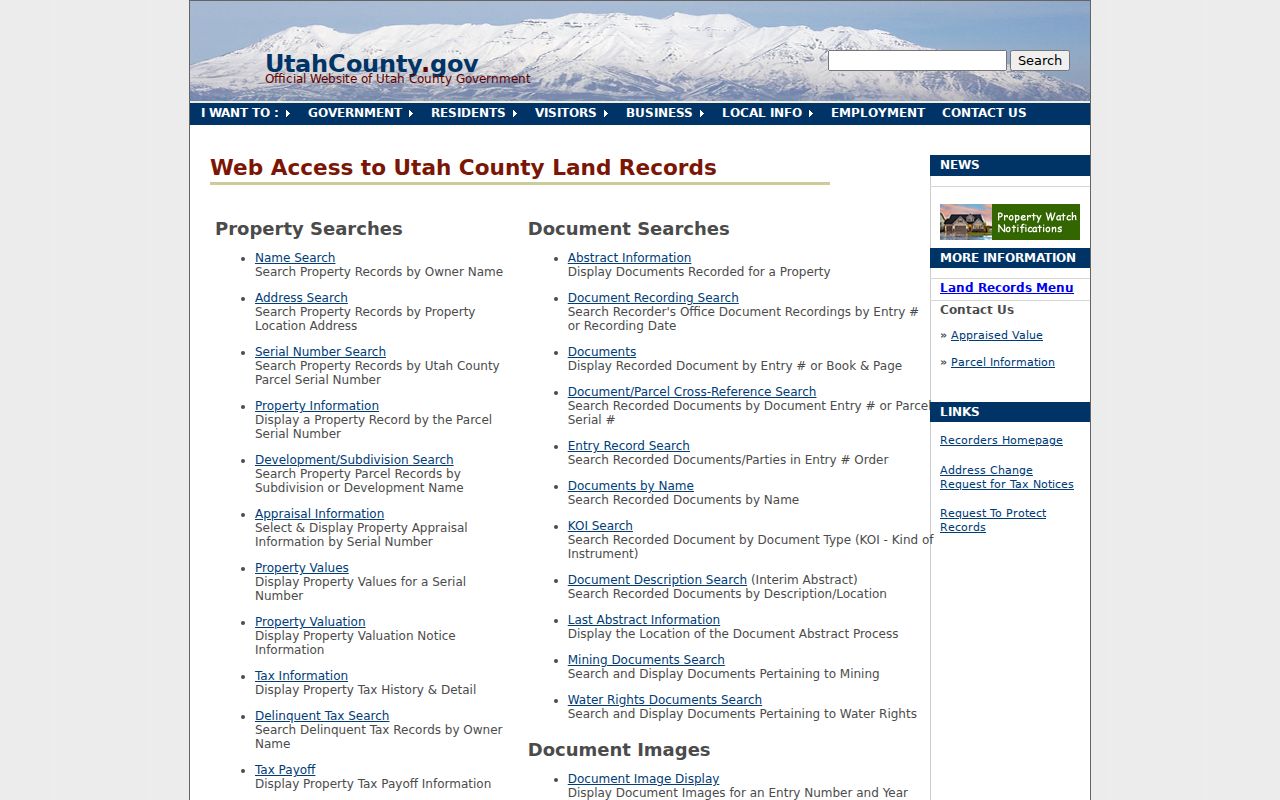 Springville public records options in the Utah County land records menu