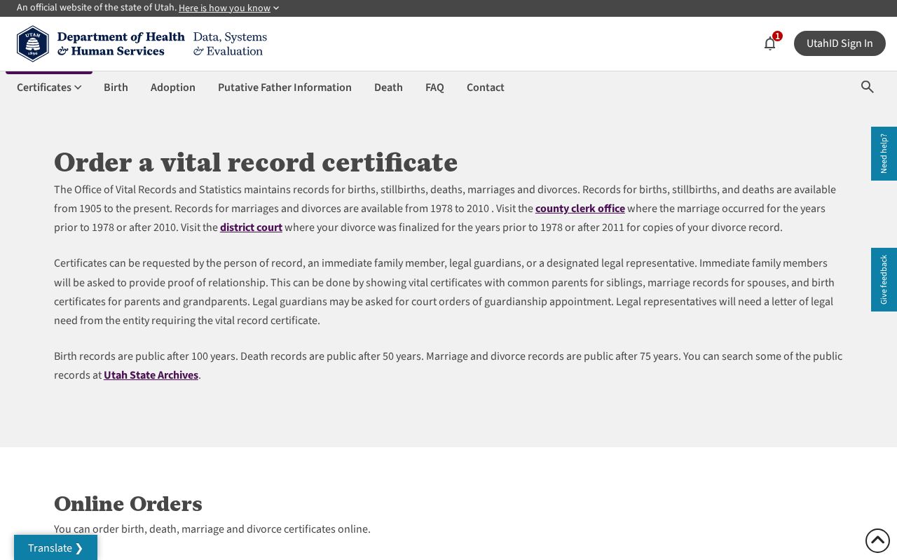 Springville public records options on Utah vital certificate ordering