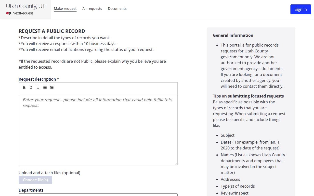 Springville public records request access through Utah County NextRequest